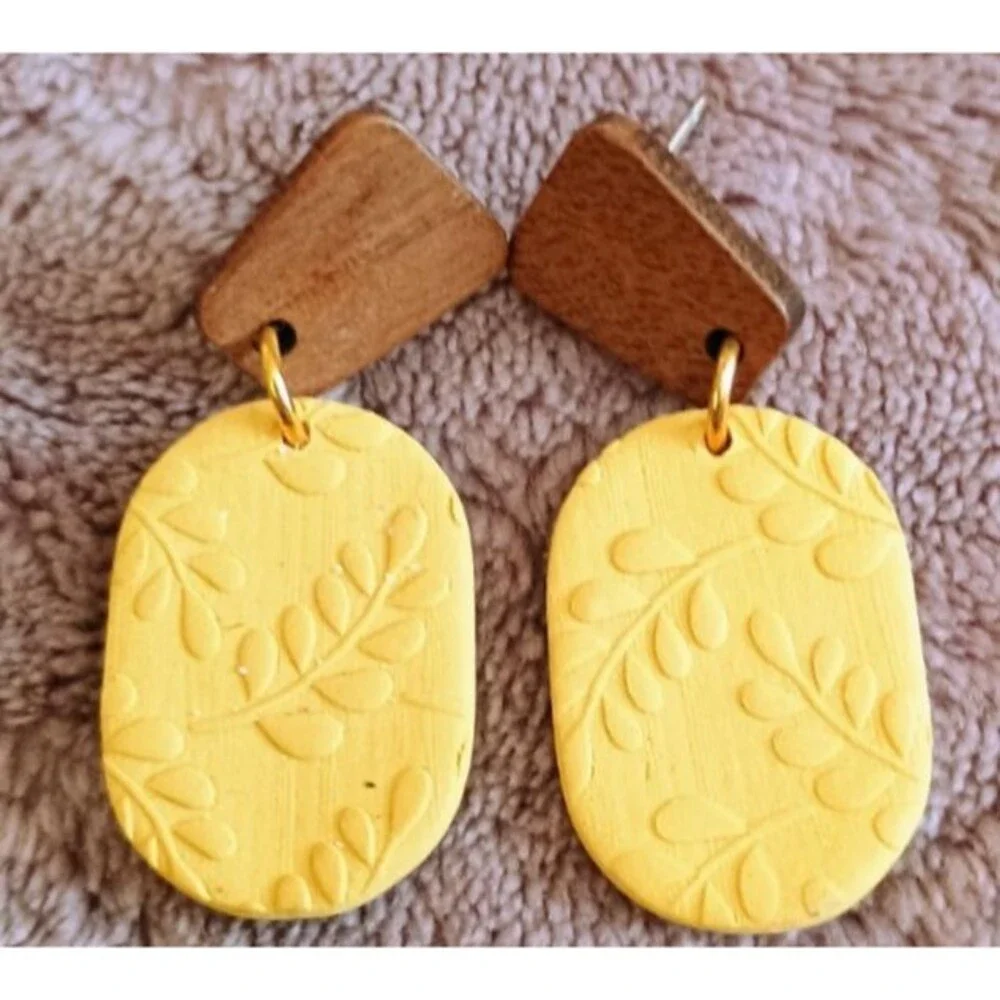 Yellow Textured Geometric Dangle Earrings Faux Wood Accent Boho